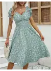 Kadın Kısa Kollu Kruvaze Yaka Lastikli Belden Gipeli çiçek Desenli Suprem Elbise
