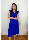 Kadın Kısa Kollu Kruvaze Yakalı Bel Korsajı Buzgulu Midi Janjan Krep Elbise