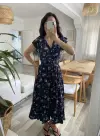 Kadın Kısa Kollu Kruvaze Yakalı Beli Lastikli çiçek Desenli Elbise