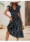 Kadın Kısa Kollu Kruvaze Yakalı Beli Lastikli çiçek Desenli Elbise