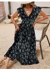 Kadın Kısa Kollu Kruvaze Yakalı Beli Lastikli çiçek Desenli Elbise