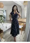 Kadın Kısa Kollu Kruvaze Yakalı Beli Lastikli çiçek Desenli Elbise