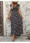Kadın Kısa Kollu Kruvaze Yakalı çiçek Desenli Belden Lastikli Süprem Uzun Elbise