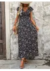 Omarı Çiçek Desenli Belden Lastikli Uzun Elbise