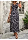 Kadın Kısa Kollu Kruvaze Yakalı çiçek Desenli Belden Lastikli Süprem Uzun Elbise