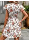 Kadın Kısa Kollu Kruvaze Yakalı çiçek Desenli Süprem Elbise