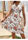 Kadın Kısa Kollu Kruvaze Yakalı çiçekli Desenli Süprem Elbise