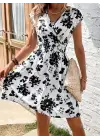 Kadın Kısa Kollu Kruvaze Yakalı çiçekli Desenli Süprem Elbise