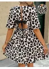 Kadın Kısa Kollu Kruvaze Yakalı Leopar Desenli Mini Süprem Elbise