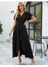 Kadın Kısa Kollu Kruvaze Yakalı ön Asimetrik Volanlı Uzun Ithal Krep Elbise