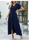 Kadın Kısa Kollu Kruvaze Yakalı ön Asimetrik Volanlı Uzun Ithal Krep Elbise