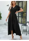 Kadın Kısa Kollu Kruvaze Yakalı önden Volanlı çapraz Kesim Detaylı Maksi Boy Ithal Krep Elbise