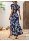 Kadın Kısa Kollu Kruvaze Yakalı önü Asimetrik Detaylı Uzun çiçek Desenli Süprem Elbise