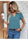 Kadın Kısa Kollu Lazer V Yakalı Ithal Krep Bluz