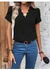 Kadın Kısa Kollu Lazer V Yakalı Ithal Krep Bluz