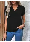 Kadın Kısa Kollu Lazer V Yakalı Ithal Krep Bluz