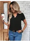 Kadın Kısa Kollu Lazer V Yakalı Ithal Krep Bluz