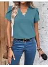 Kadın Kısa Kollu Lazer V Yakalı Ithal Krep Bluz