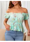 Kadın Kısa Kollu Madonna Yaka çiçek Desenli Düğme Detay Gipeli Süprem Kumaş Bluz