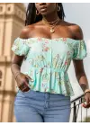 Omarı Çiçek Desenli Düğme Detaylı Kadın Kısa Kollu Bluz