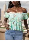 Omarı Çiçek Desenli Düğme Detaylı Kadın Kısa Kollu Bluz