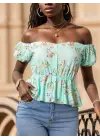 Omarı Çiçek Desenli Düğme Detaylı Kadın Kısa Kollu Bluz