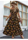 Kadın Kısa Kollu Madonna Yaka Yırtmaçlı çiçek Desenli Süprem Elbise