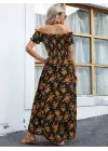 Kadın Kısa Kollu Madonna Yaka Yırtmaçlı çiçek Desenli Süprem Elbise