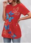 Kadın Kısa Kollu Mavi Sarı Kelebek Baskı Süprem Bluz