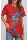 Kadın Kısa Kollu Mavi Sarı Kelebek Baskı Süprem Bluz