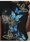 Kadın Kısa Kollu Mavi Sarı Kelebek Baskı Süprem T-shirt