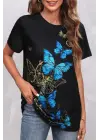 Kadın Kısa Kollu Mavi Sarı Kelebek Baskı Süprem T-shirt