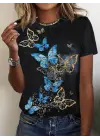 Kadın Kısa Kollu Mavi Sarı Kelebek Baskı Süprem T-shirt
