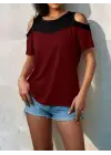 Kadın Kısa Kollu Omuzlardan Açık Detaylı çift Renkli Viskon Bluz