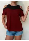 Kadın Kısa Kollu Omuzlardan Açık Detaylı çift Renkli Viskon Bluz