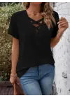Kadın Kısa Kollu önden çapraz Detay V Yakalı Viskon Bluz
