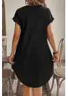 Kadın Kısa Kollu önden Düğmeli Ithal Keten Elbise