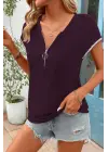 Kadın Kısa Kollu önden Fermuarlı Kol Ucu ışıltılı Viskon Bluz