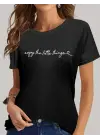Omarı Yazı Baskılı Kısa Kollu Kadın Basic Bluz