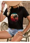 Kadın Kısa Kollu Palmiye Baskılı Viskon T-shirt