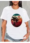 Kadın Kısa Kollu Palmiye Baskılı Viskon T-shirt