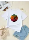 Kadın Kısa Kollu Palmiye Baskılı Viskon T-shirt