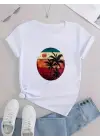 Kadın Kısa Kollu Palmiye Baskılı Viskon T-shirt