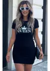 Omarı Etkileyici Kraliçe Baskılı Mini Elbise