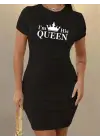 Omarı Etkileyici Kraliçe Baskılı Mini Elbise