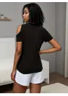 Kadın Kısa Kollu Tek Omuzu Açık Damla Detaylı Viskon Bluz