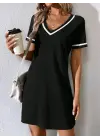 Kadın Kısa Kollu V çizgili Yakalı Kısa Viskon Elbise