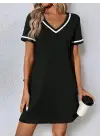 Kadın Kısa Kollu V çizgili Yakalı Kısa Viskon Elbise