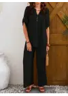 Kadın Kısa Kollu V Hakim Yaka Düğmeli Bürümcük Bluz Ve Pantolon Ikili Takım
