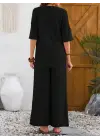 Kadın Kısa Kollu V Hakim Yaka Düğmeli Bürümcük Bluz Ve Pantolon Ikili Takım